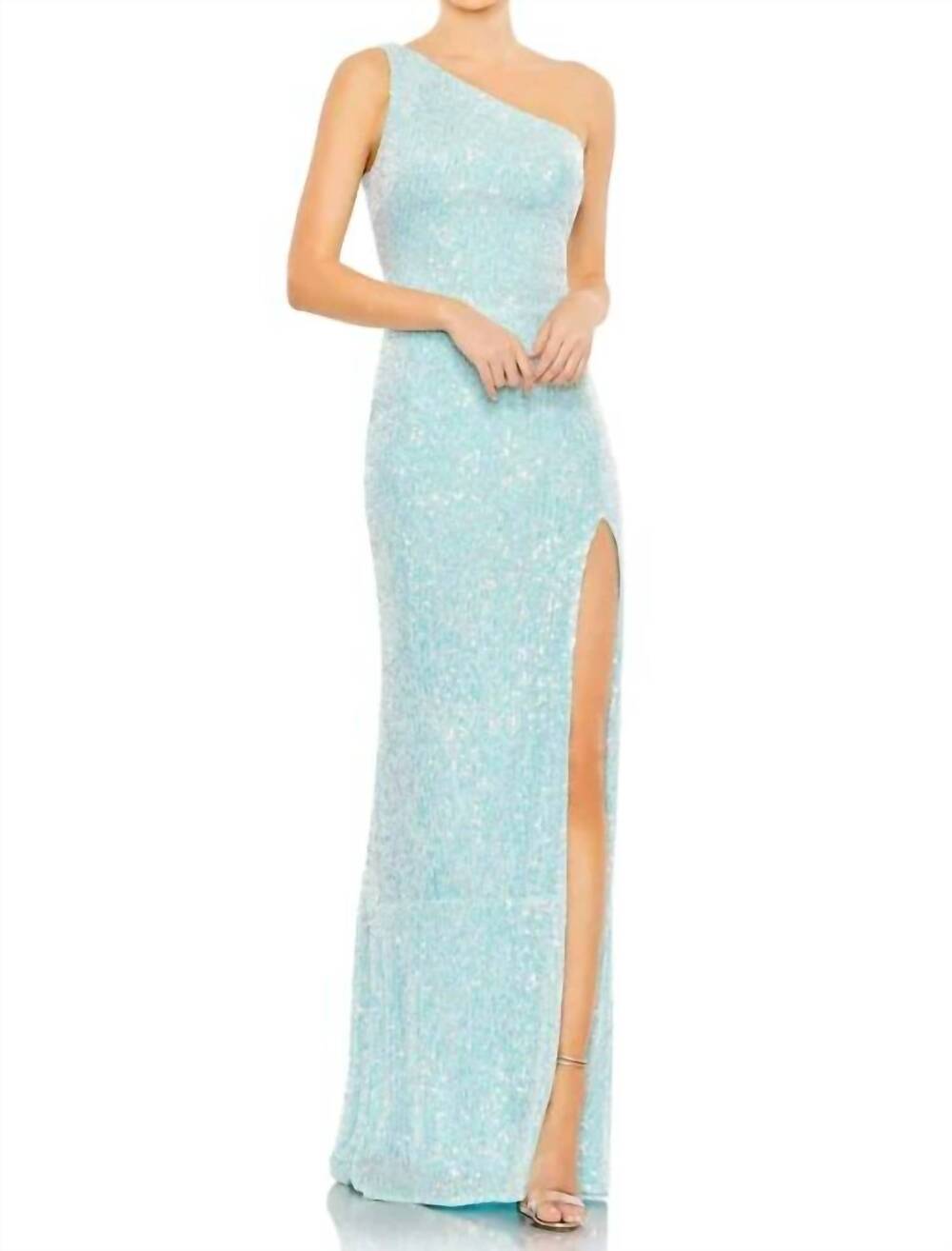 NEW MAC DUGGAL sequined one shoulder draped gown in ice blue